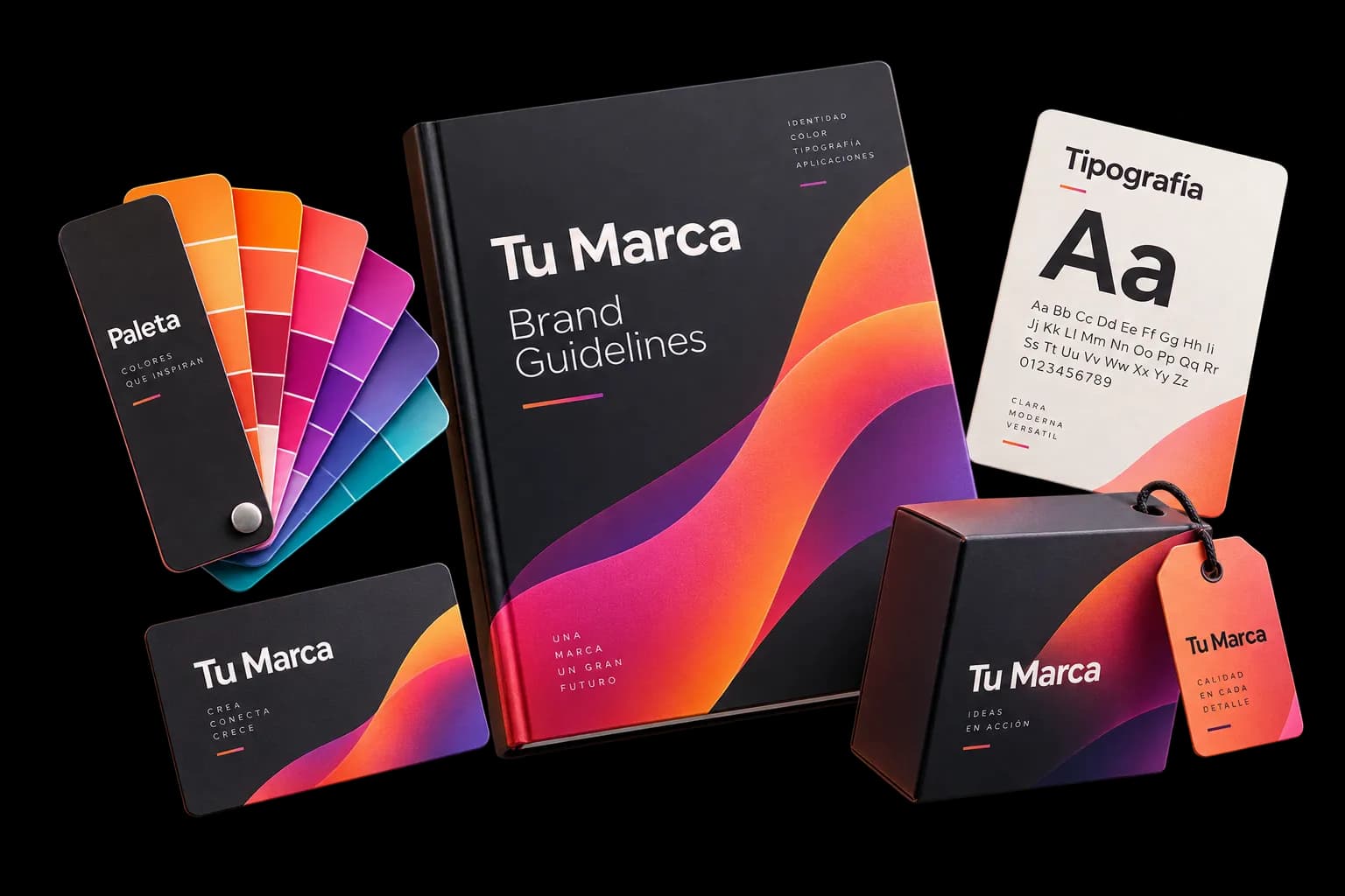 Kit de marca: manual de identidad, abanico de colores, tarjeta tipográfica, tarjeta de visita, caja y etiqueta con el mismo sistema visual.