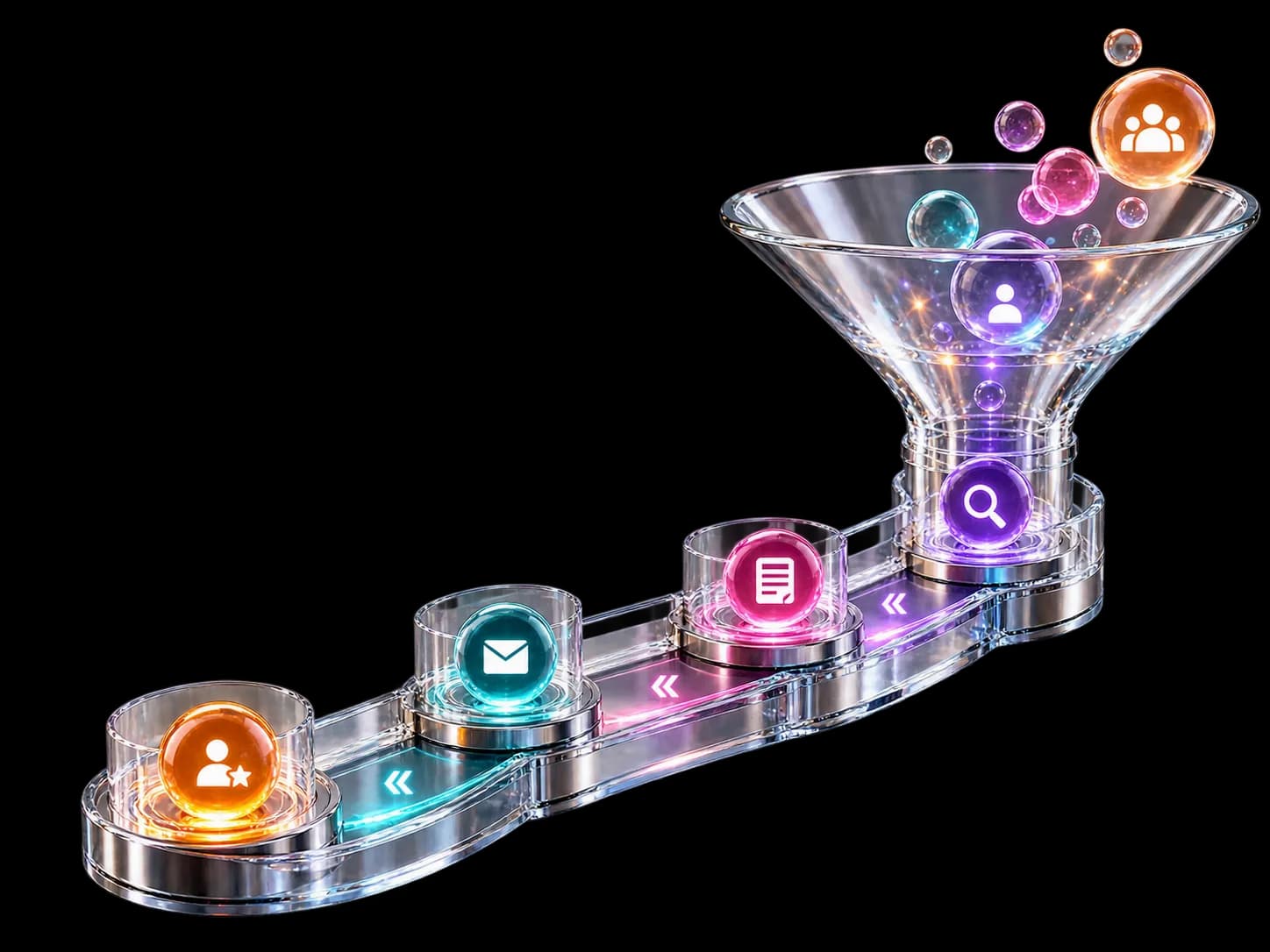 Embudo de cristal que recoge burbujas con iconos de personas y las lleva por un recorrido de pasos: búsqueda, formulario, email y cliente.