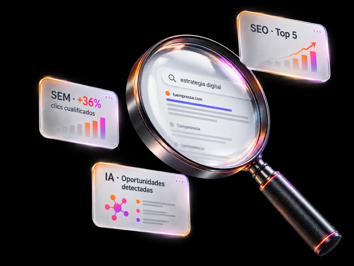 Lupa sobre un resultado de búsqueda con tuempressa.com en primera posición, rodeada de tarjetas de cristal: SEO en el top 5, SEM con un 36% más de clics cualificados y oportunidades detectadas por IA.