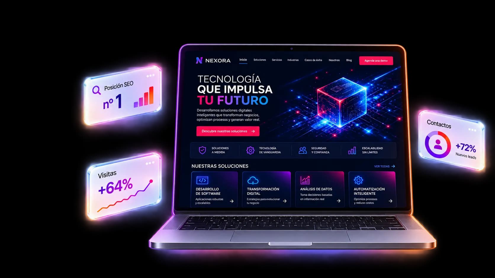 Monitor, portátil, tableta y móvil mostrando una web corporativa, con tarjetas de métricas flotando alrededor.