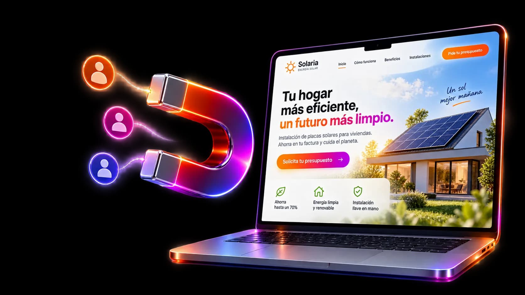 Portátil con una landing page de placas solares y un imán que atrae iconos de personas: la captación de contactos.