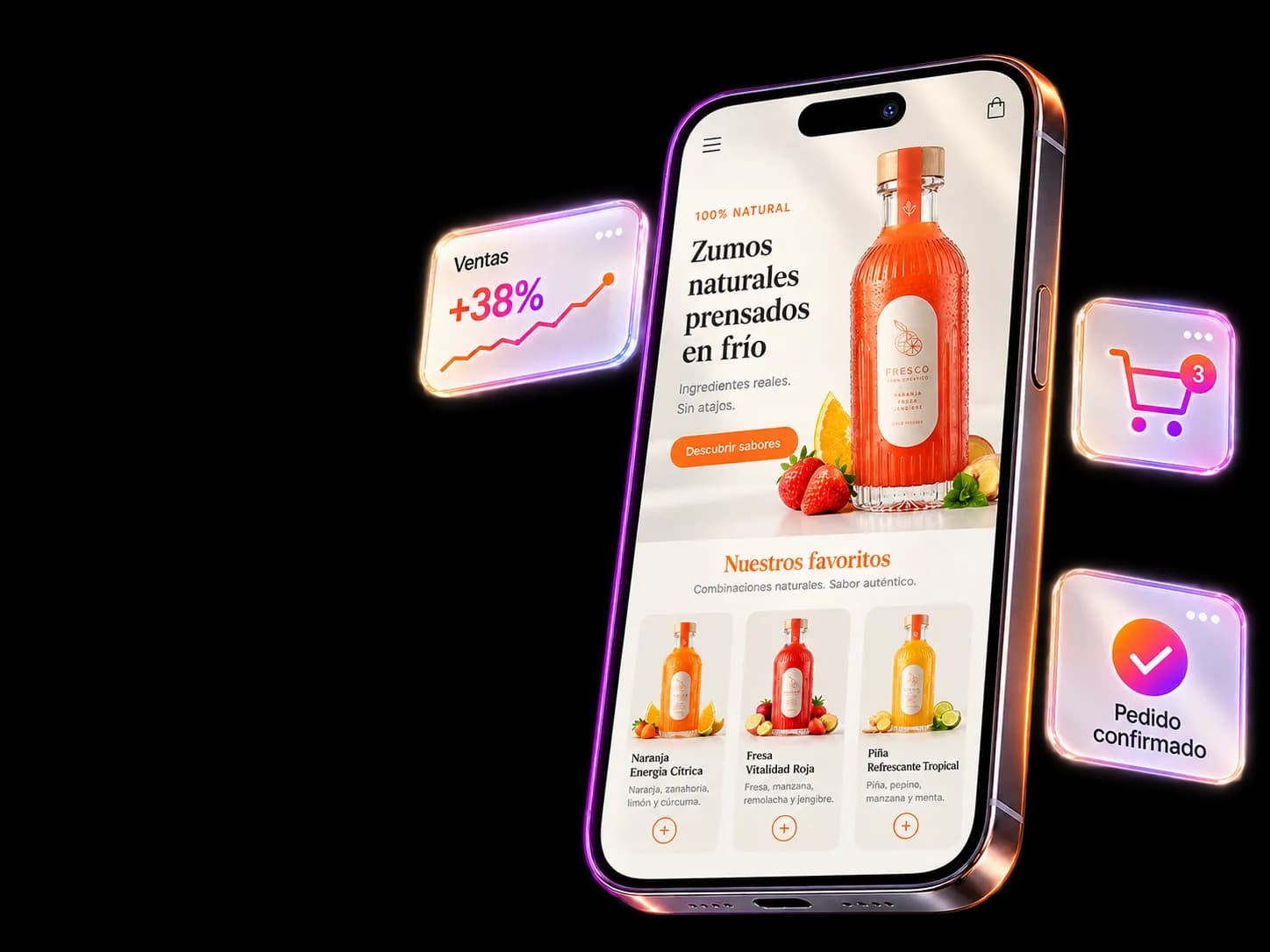 Móvil con una tienda online de zumos, rodeado de tarjetas de cristal: ventas al alza, carrito con tres productos y pedido confirmado.